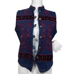 NWT Vintage Gordon & James Denim Co Blue Floral Studded Denim Vest Womens Small